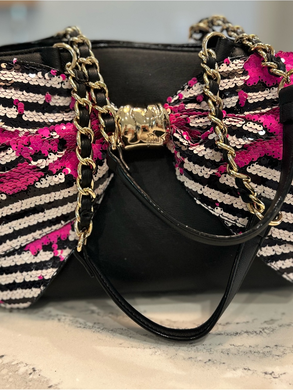 Betsy Johnson Y2K Black Shoulder Bag with Pink Sequin Bow Accent